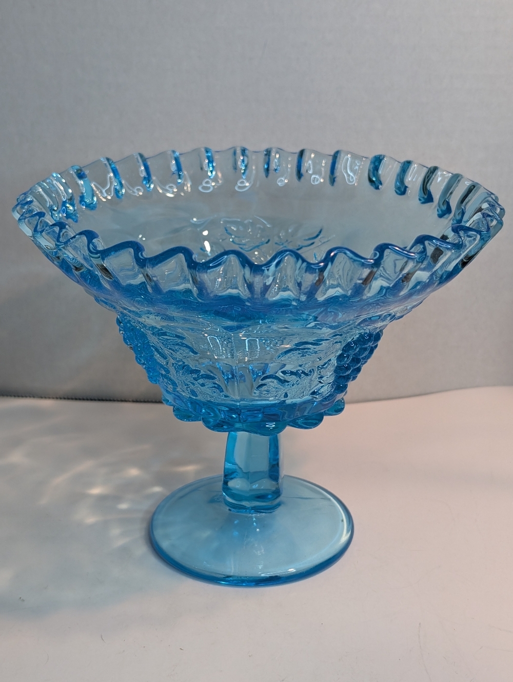 Blue Westmoreland Art Glass Pedestal Candy Dish Ruffled Edge Grapes Compote